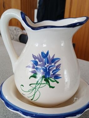 Hand-Painted Floral Ceramic Pitcher and Basin - Blue & Green